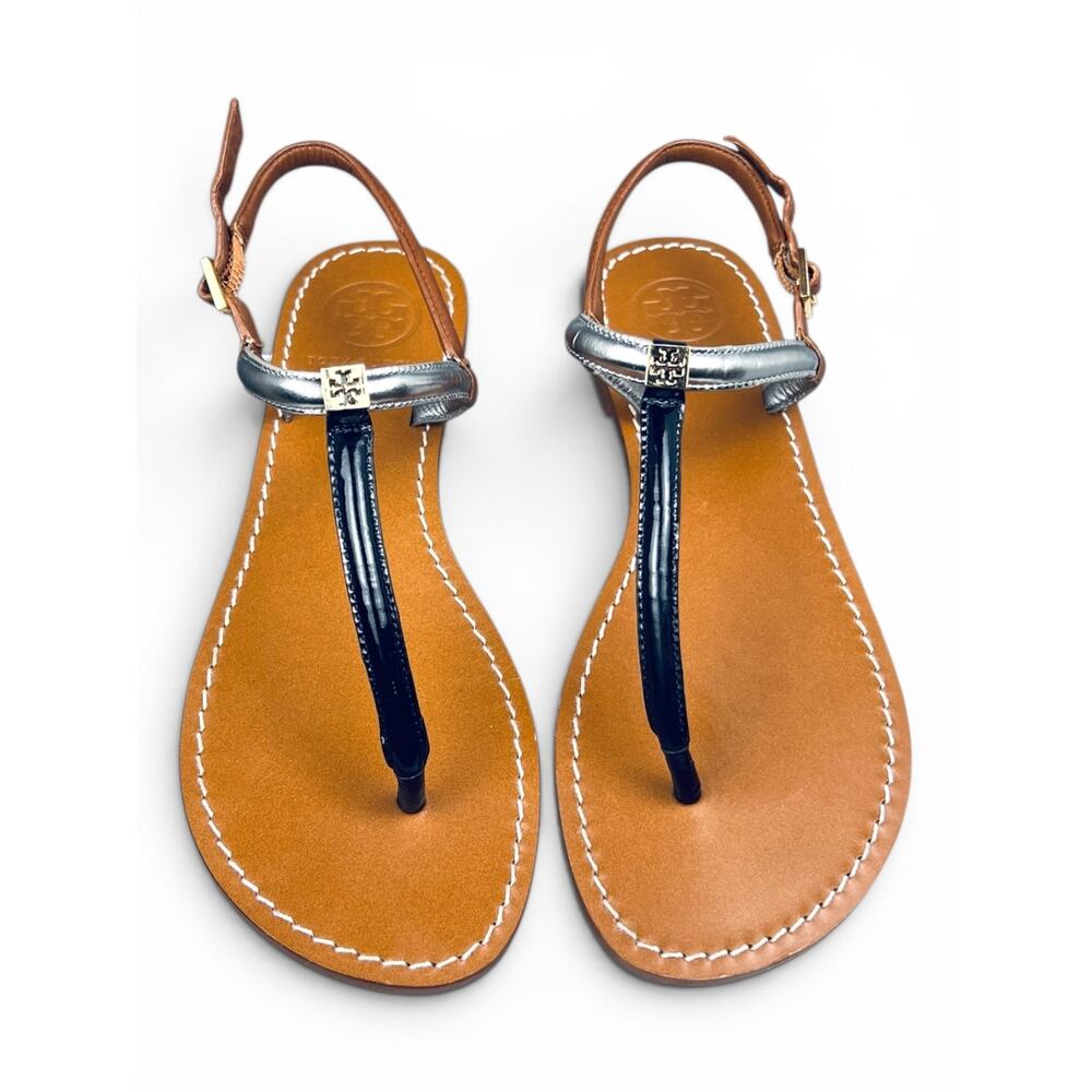 Tory Burch Emmy Colorblock T Strap Sandals Silver Black Tan 9.5